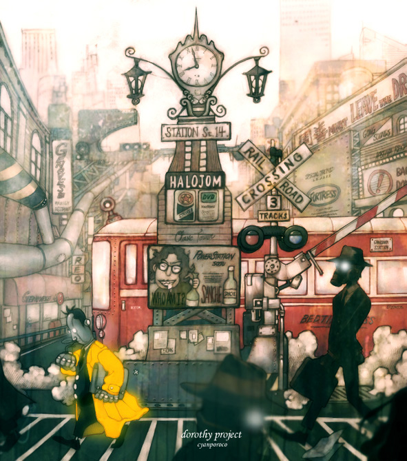 3boys analog_clock black_hair black_hat black_jacket black_pants briefcase building city clock coat colored_skin commentary_request crosswalk cyanporoco english_text fedora full_body gas_mask grey_skin hat holding holding_briefcase industrial_pipe jacket korean_commentary lamppost mask multiple_boys original outdoors pants railroad_crossing road short_hair sign sky skyscraper smoke steam streetcar walking white_sky yellow_coat