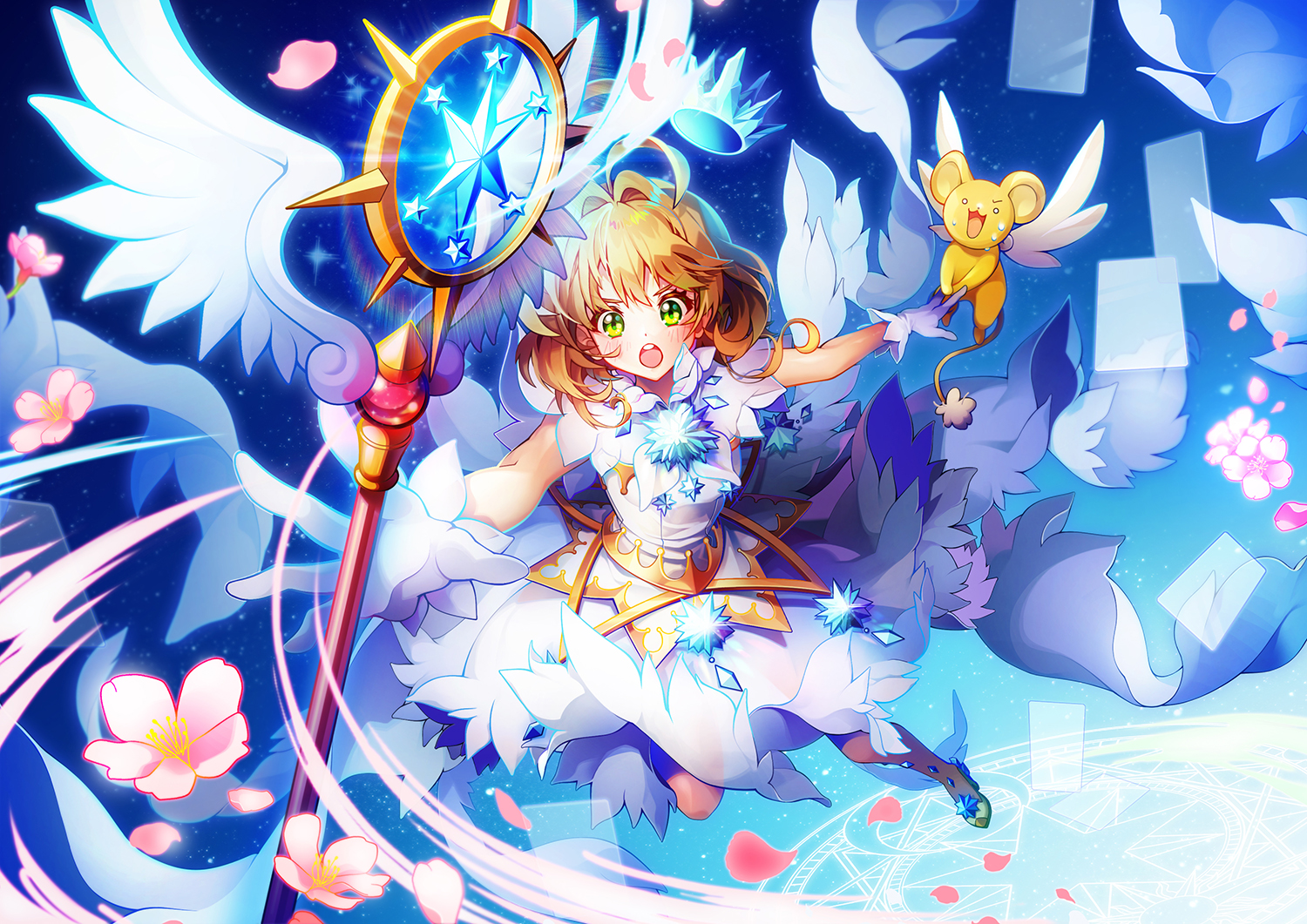 1girl ahoge bike_shorts blue_shorts brown_hair cardcaptor_sakura cardcaptor_sakura_clear_card_arc chepill clear_card dress feathered_wings gloves green_eyes kero_(cardcaptor_sakura) kinomoto_sakura kinomoto_sakura_(clear_wings) long_hair magic_circle open_mouth outstretched_arms petals shorts shorts_under_dress sleeveless sleeveless_dress staff white_dress white_gloves white_wings wings