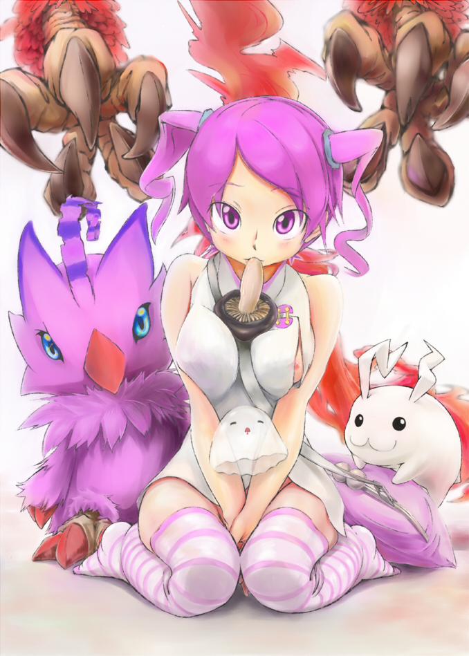 birdramon digimon digimon_world_re:digitize hair_ornament hairpin mushroom pink_eyes pink_hair piyomon poyomon rindou_akiho short_hair tokomon twintails