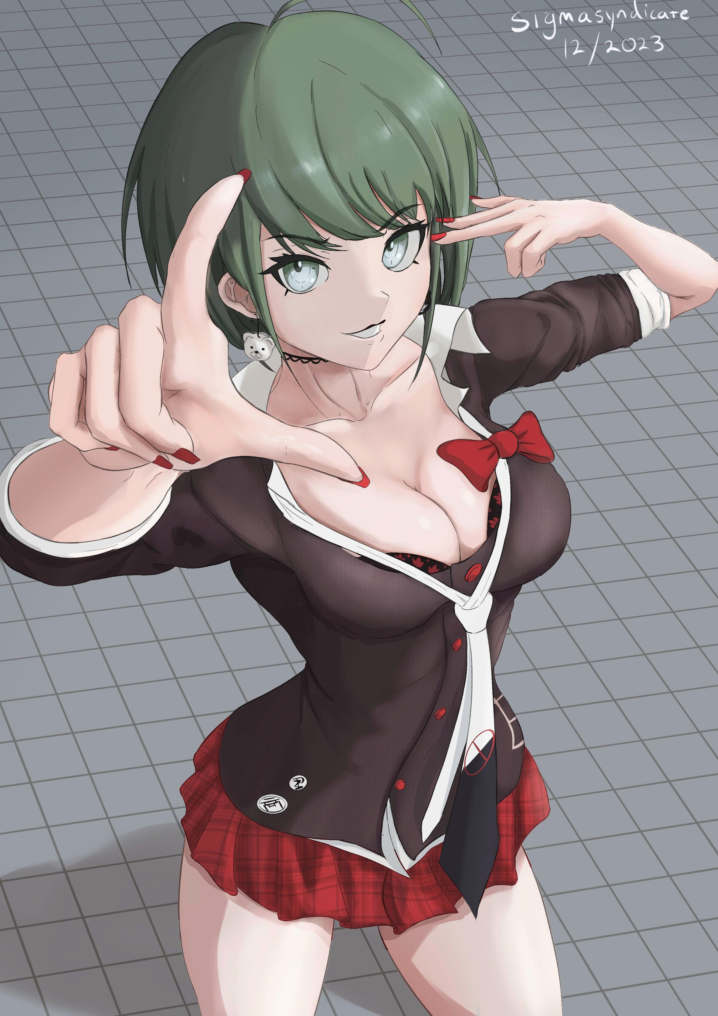 1girl absurdres artist_name bear_earrings black_shirt breasts choker cleavage collarbone cosplay danganronpa_(series) danganronpa_another_episode:_ultra_despair_girls earrings enoshima_junko_(cosplay) female_focus fingernails green_eyes green_hair grin highres jewelry looking_at_viewer medium_breasts naegi_komaru nail_polish open_mouth pleated_skirt red_nails red_skirt shirt short_hair short_sleeves sigmasyndicate signature skirt smile solo standing tagme teeth thighs