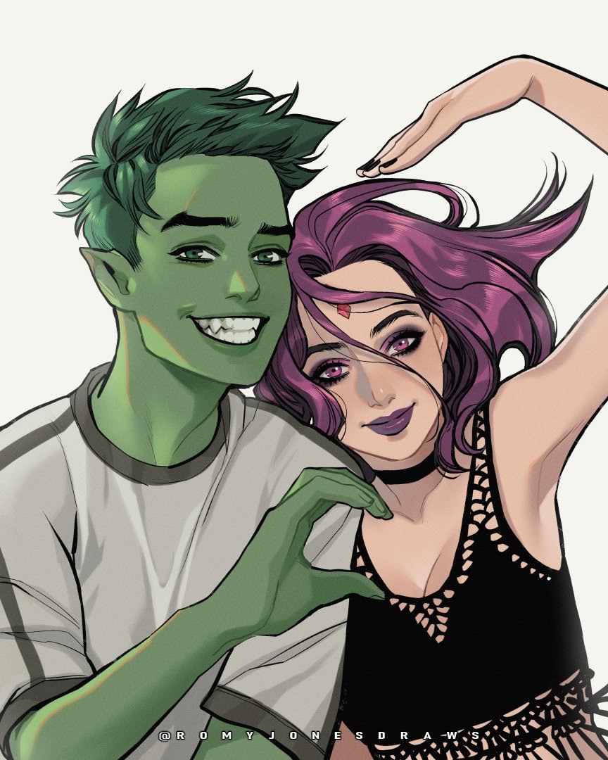 1boy 1girl beast_boy_(dc) colored_skin couple dc_comics green_eyes green_hair green_skin happy heart looking_at_viewer pointy_ears purple_eyes purple_hair purple_lips raven_(dc) smile teen_titans