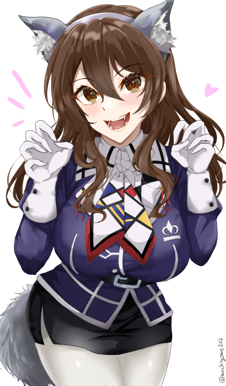 1girl animal_ears ashigara_(kancolle) ashigara_kai_ni_(kancolle) blush breasts brown_eyes brown_hair chamumi_(mochiumee) cowboy_shot extra_ears fake_horns fangs gloves hair_between_eyes hairband highres horned_headwear horns jacket kantai_collection large_breasts long_hair long_sleeves looking_at_viewer military_uniform neckerchief open_mouth pantyhose pencil_skirt print_neckerchief purple_jacket skirt smile solo tail wavy_hair white_gloves white_hairband white_pantyhose wolf_ears wolf_tail