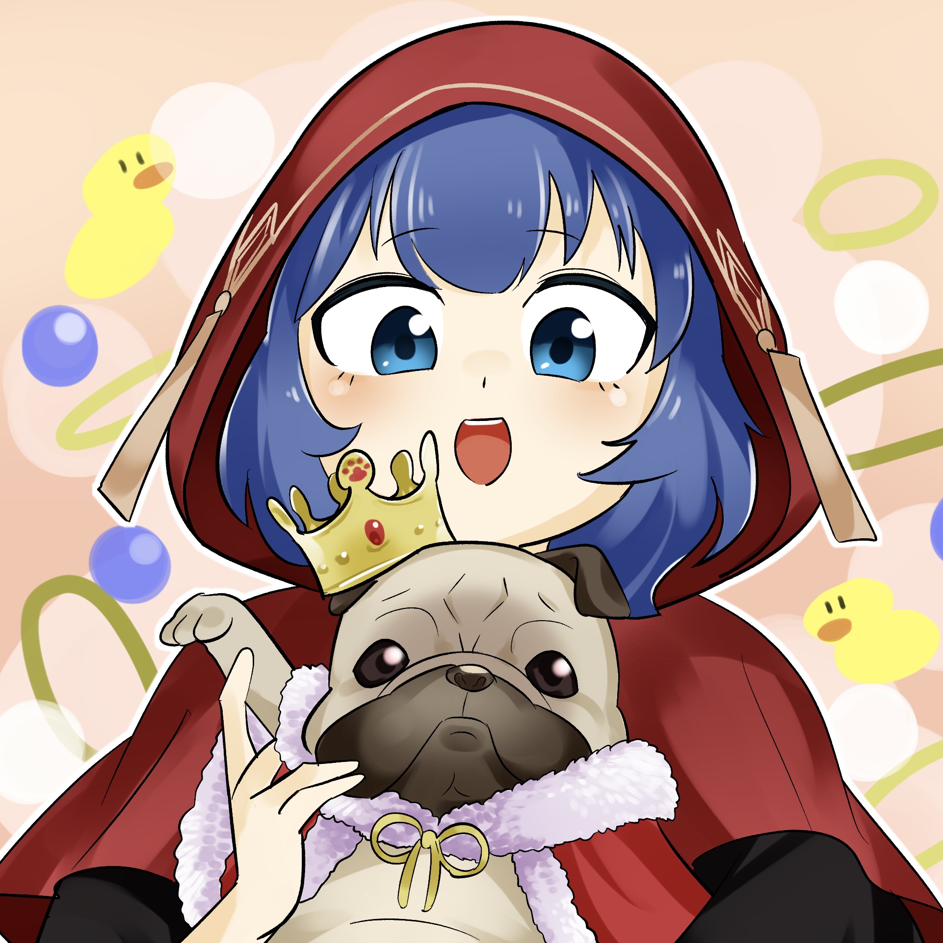 1girl animal blue_eyes blue_hair cape crown dog duel_monster highres holding holding_animal lo_the_prayers_of_the_voiceless_voice principug pug red_robe robe sawan_cutman smile solo yu-gi-oh!