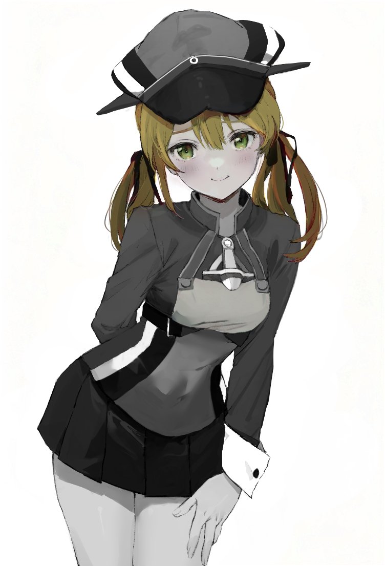 1girl anchor_hair_ornament armor blonde_hair breastplate breasts green_eyes greyscale hair_ornament hat kantai_collection looking_at_viewer low_twintails medium_breasts microskirt military_hat military_uniform monochrome neju peaked_cap pleated_skirt prinz_eugen_(kancolle) skirt smile solo spot_color twintails