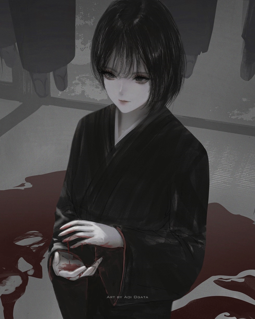 5girls aoi_ogata artist_name black_eyes black_hair black_kimono black_sandals blood blood_on_hands blood_splatter clip_studio_paint_(medium) closed_mouth commentary corpse english_commentary hanged highres indoors japanese_clothes kimono long_sleeves multiple_girls original sandals socks solo_focus tabi tatami white_socks wide_sleeves zouri
