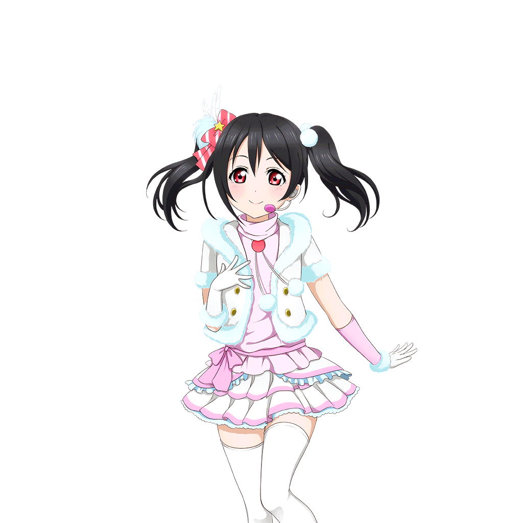 1girl black_hair blush bow closed_mouth feather_hair_ornament feathers fur-trimmed_gloves fur_jacket fur_trim gloves hair_bow hair_ornament hand_on_own_chest hand_up headset jacket layered_skirt looking_at_viewer love_live! love_live!_school_idol_festival love_live!_school_idol_project official_art over-kneehighs pink_ribbon pink_shirt red_eyes ribbon shirt skirt smile snow_halation solo standing thighhighs transparent_background turtleneck turtleneck_shirt twintails white_feathers white_gloves white_jacket white_skirt white_thighhighs yazawa_nico