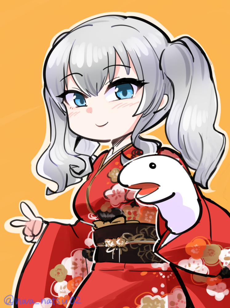 1girl alternate_costume blue_eyes commentary_request cowboy_shot floral_print grey_hair hand_puppet japanese_clothes kantai_collection kashima_(kancolle) kimono long_hair noba_(ne83ko61) one-hour_drawing_challenge orange_background puppet red_kimono smile snake_puppet solo v