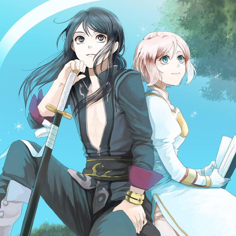 00s 1boy 1girl aqua_background back-to-back bad_id bad_pixiv_id black_hair blue_eyes book bracelet couple estellise_sidos_heurassein gloves green_eyes jewelry katana kuro_ya pink_hair renya sword tales_of_(series) tales_of_vesperia tokitou_fuji weapon yuri_lowell