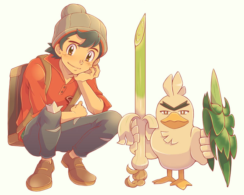 1boy ash_ketchum backpack bag black_hair blush brown_eyes brown_footwear cosplay cyaneko gen_8_pokemon grey_headwear hand_on_own_chin hat holding holding_shield holding_weapon looking_at_viewer male_focus nintendo pants pokemon pokemon_(anime) pokemon_swsh red_shirt shield shirt shoes sirfetch&#039;d spring_onion squatting thick_eyebrows unibrow victor_(pokemon) victor_(pokemon)_(cosplay) weapon white_background