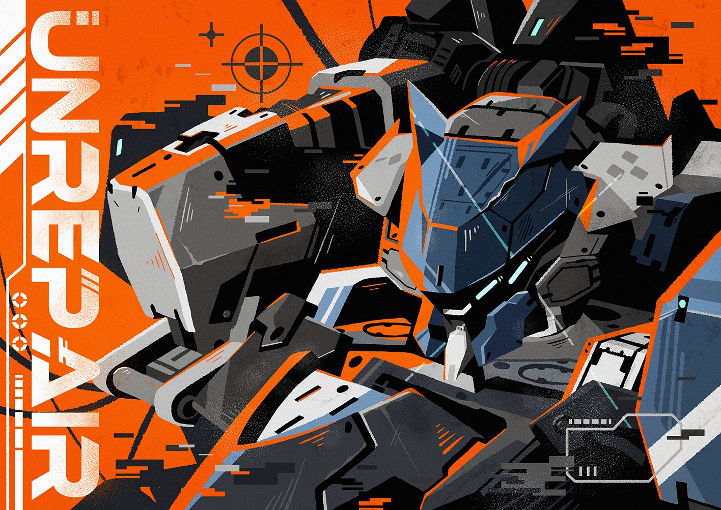 armored_core armored_core_vi:_fires_of_rubicon blue_eyes glowing glowing_eyes humanoid_robot kuroihato mecha mecha_focus no_humans orange_background robot science_fiction shoulder_cannon steel_haze_ortus upper_body weapon