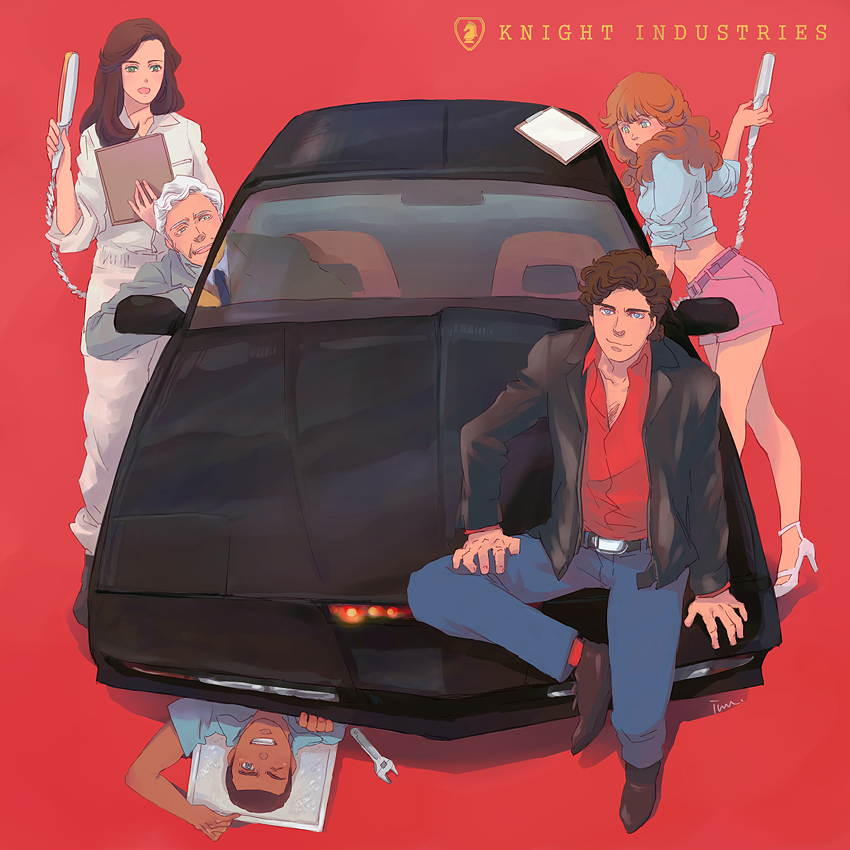 1980s_(style) 2girls 4boys age_difference animification bad_id bad_pixiv_id belt blue_eyes bonnie_barstow brown_hair cable car character_request chess_piece commentary_request curly_hair dark_skin david_hasselhoff devon_miles engineer english_text formal_clothes friends glowing glowing_eye hangar inactive_account inuta jacket jumpsuit k.i.t.t knight_(chess) knight_rider logo long_hair mecha michael_knight motor_vehicle multiple_boys multiple_girls necktie notepad old oldschool on_car one_eye_closed pontiac pontiac_firebird reginald_cornelius_iii repairing retro_artstyle riding robot science_fiction scientist sensor shoes shorts signature simple_background sitting sitting_on_object suit vehicle_focus white_hair wrench