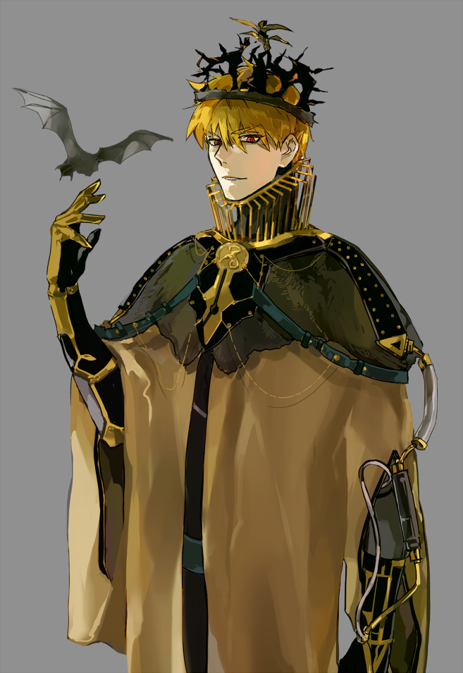 1boy arm_up bat_(animal) bat_wings blonde_hair collar crimo crown fate/stay_night fate_(series) gilgamesh_(fate) gold_trim grey_background looking_at_viewer male_focus red_eyes robe simple_background solo upper_body wings