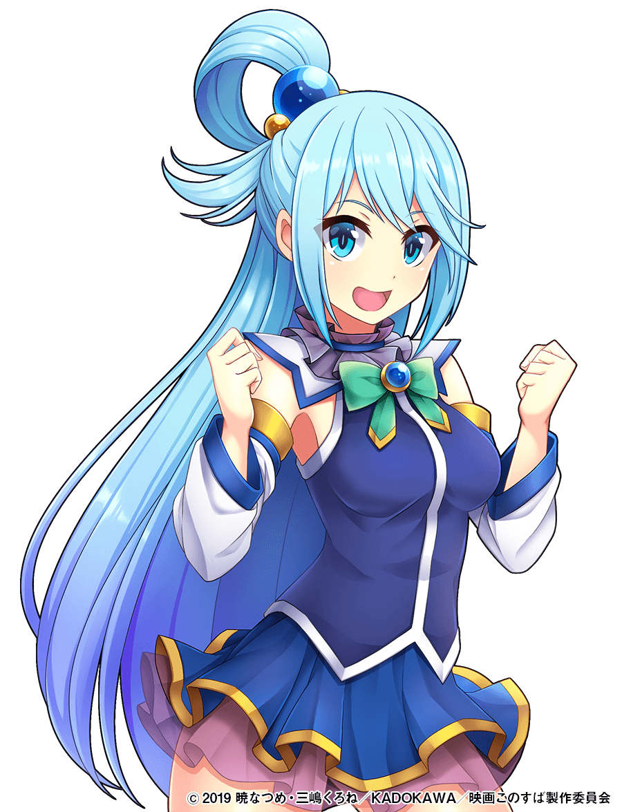 1girl aqua_(konosuba) aqua_eyes aqua_hair arm_warmers armpit_peek bow bowtie breasts cowboy_shot crossover dress edamame_senpai female_focus green_bow green_bowtie hair_bobbles hair_ornament hair_rings kono_subarashii_sekai_ni_shukufuku_wo! long_hair looking_at_viewer medium_breasts miniskirt official_art open_mouth pleated_skirt short_dress simple_background skirt smile solo thighs transparent_background vivid_army watermark white_background