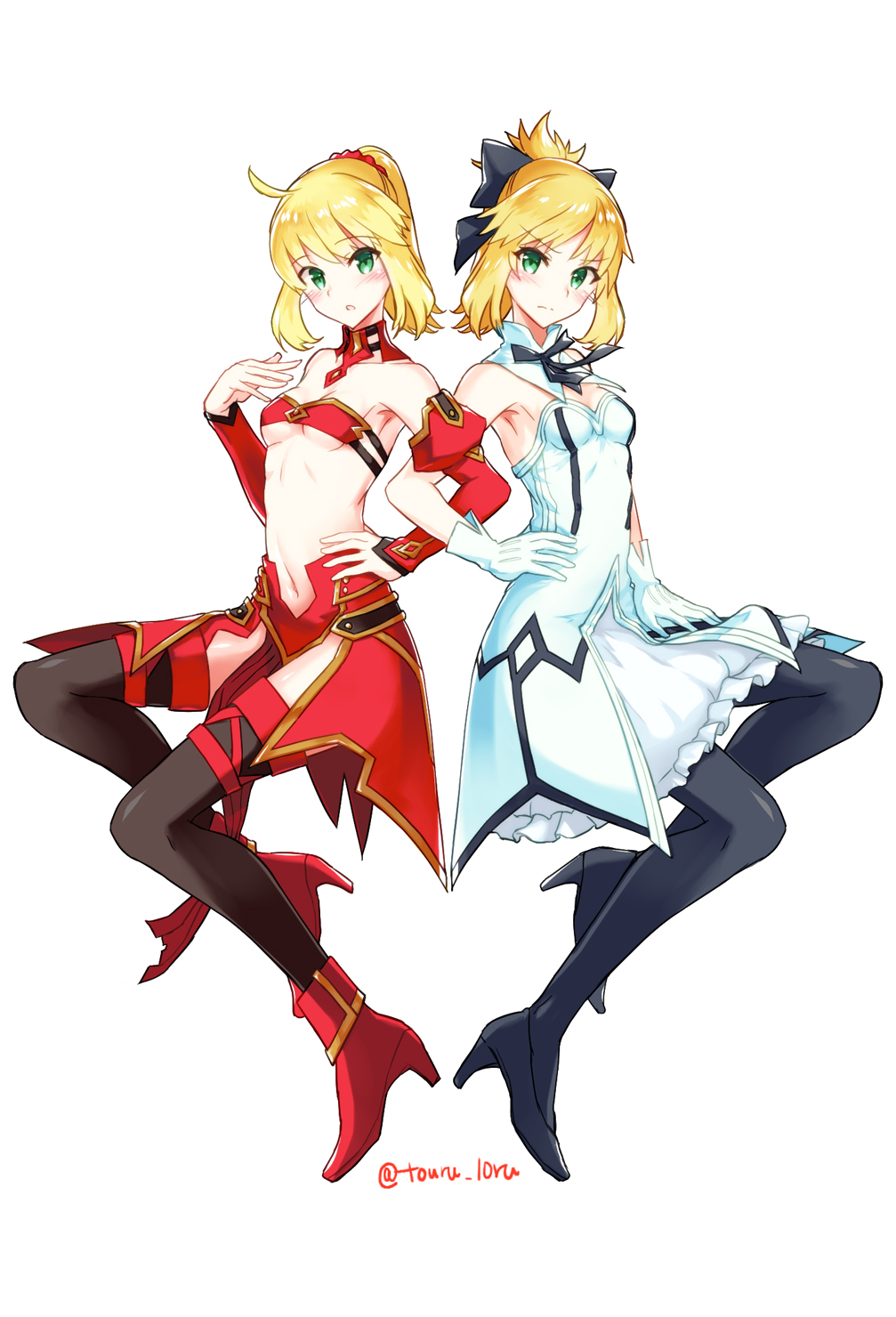 2girls ahoge artoria_pendragon_(fate) black_bow black_footwear black_pantyhose black_thighhighs blonde_hair blush bow bra breasts choker cleavage collarbone cosplay detached_sleeves dress fate_(series) full_body green_eyes hair_bow hair_ornament hair_scrunchie hand_on_own_hip high_heels highres long_sleeves looking_at_viewer mordred_(fate) mordred_(fate)_(cosplay) mordred_(fate/apocrypha) multiple_girls navel pantyhose parted_lips ponytail red_bra red_footwear red_scrunchie red_sleeves saber_lily saber_lily_(cosplay) scrunchie short_dress simple_background sleeveless sleeveless_dress small_breasts smile strapless strapless_bra strapless_dress thighhighs touru_10ru underboob underwear white_background white_dress