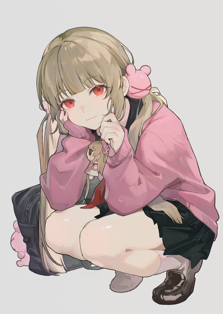 bag black_skirt blonde_hair brown_shoes character_charm charm_(object) closed_mouth grey_background hair_ornament hashtag-only_commentary highres holding holding_charm loafers long_hair looking_at_viewer nail_polish natori_sana natori_sana_(school_uniform) neckerchief pink_shirt pleated_skirt rabbit_hair_ornament red_eyes red_nails red_neckerchief sana_channel school_bag school_uniform shirt shoes simple_background skirt socks squatting virtual_youtuber white_socks zumi_tiri