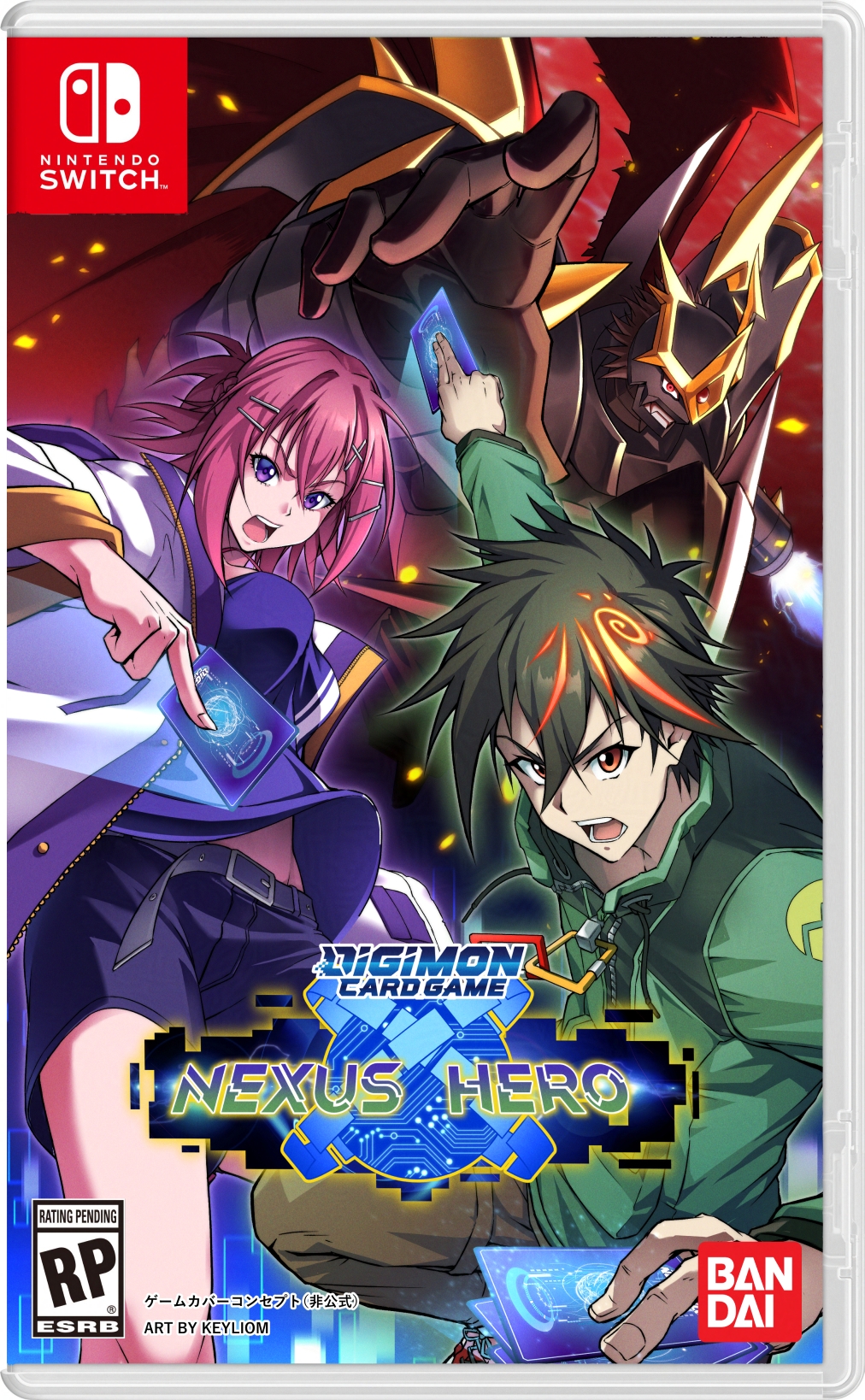 1girl 2boys artist_name black_hair black_shorts brown_eyes camisole card coat copyright_name cover digimon digimon_card_game digimon_liberator dragon fake_cover green_shirt grey_hair group_picture highres holding holding_card hood hooded_coat imperialdramon imperialdramon_fighter_mode kazama_shoto keyliom medium_hair multicolored_hair multiple_boys pink_hair purple_camisole purple_eyes red_background red_eyes red_hair red_wings shirt short_hair shorts streaked_hair trading_card video_game_cover white_coat wings yuuki_(digimon)