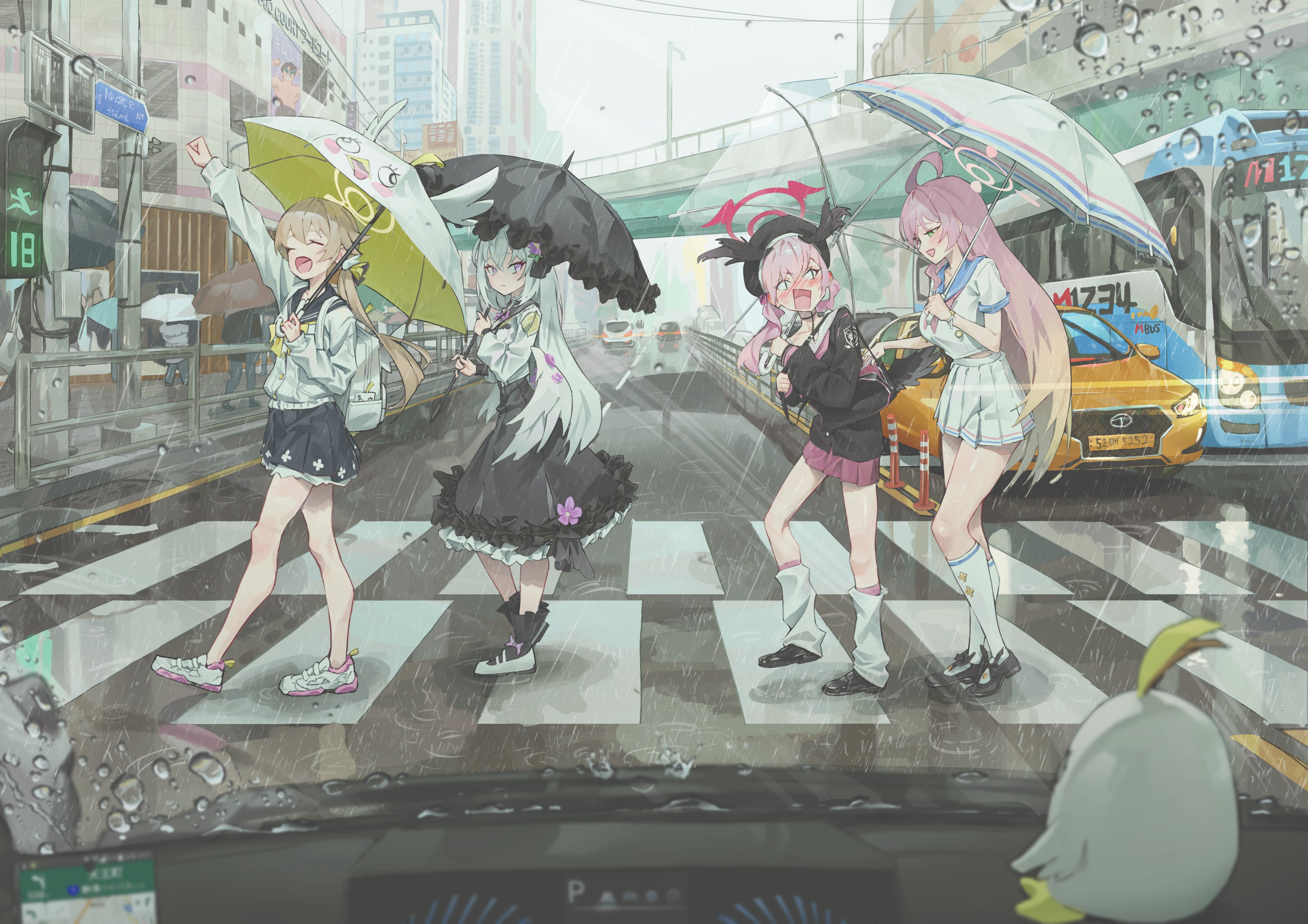 4girls absurdres ahoge azusa_(blue_archive) beret black_wings blue_archive blush bus closed_mouth dress flower frills green_eyes hair_between_eyes hair_flower hair_ornament halo hanako_(blue_archive) hat head_wings hifumi_(blue_archive) highres holding holding_umbrella jhigf koharu_(blue_archive) long_hair long_sleeves low_twintails low_wings motor_vehicle multiple_girls open_mouth peroro_(blue_archive) pink_eyes pink_hair pink_halo rain sailor_collar school_uniform shirt skirt smile taxi twintails umbrella white_hair white_shirt wings yellow_halo