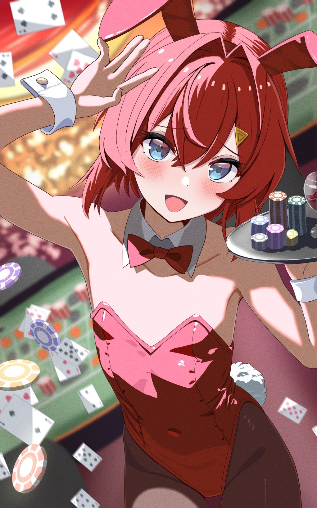 1girl :d alternate_costume ange_katrina animal_ear_hairband animal_ears arm_up armpits bare_arms bare_shoulders blue_eyes blush bow bowtie brown_pantyhose bunny_day card casino collar collarbone commentary_request covered_navel cowboy_shot detached_collar fake_animal_ears fake_tail flat_chest groin hair_between_eyes hair_intakes hair_ornament hairband hand_up highres holding holding_tray leotard looking_at_viewer medium_hair n/p_(xrey2588) nijisanji open_mouth pantyhose pantyhose_under_leotard playboy_bunny playing_card poker_chip rabbit_ear_hairband rabbit_ears rabbit_tail red_bow red_bowtie red_hair red_hairband red_leotard roulette_table smile solo strapless strapless_leotard table tail tray triangle_hair_ornament virtual_youtuber white_collar white_wrist_cuffs wrist_cuffs