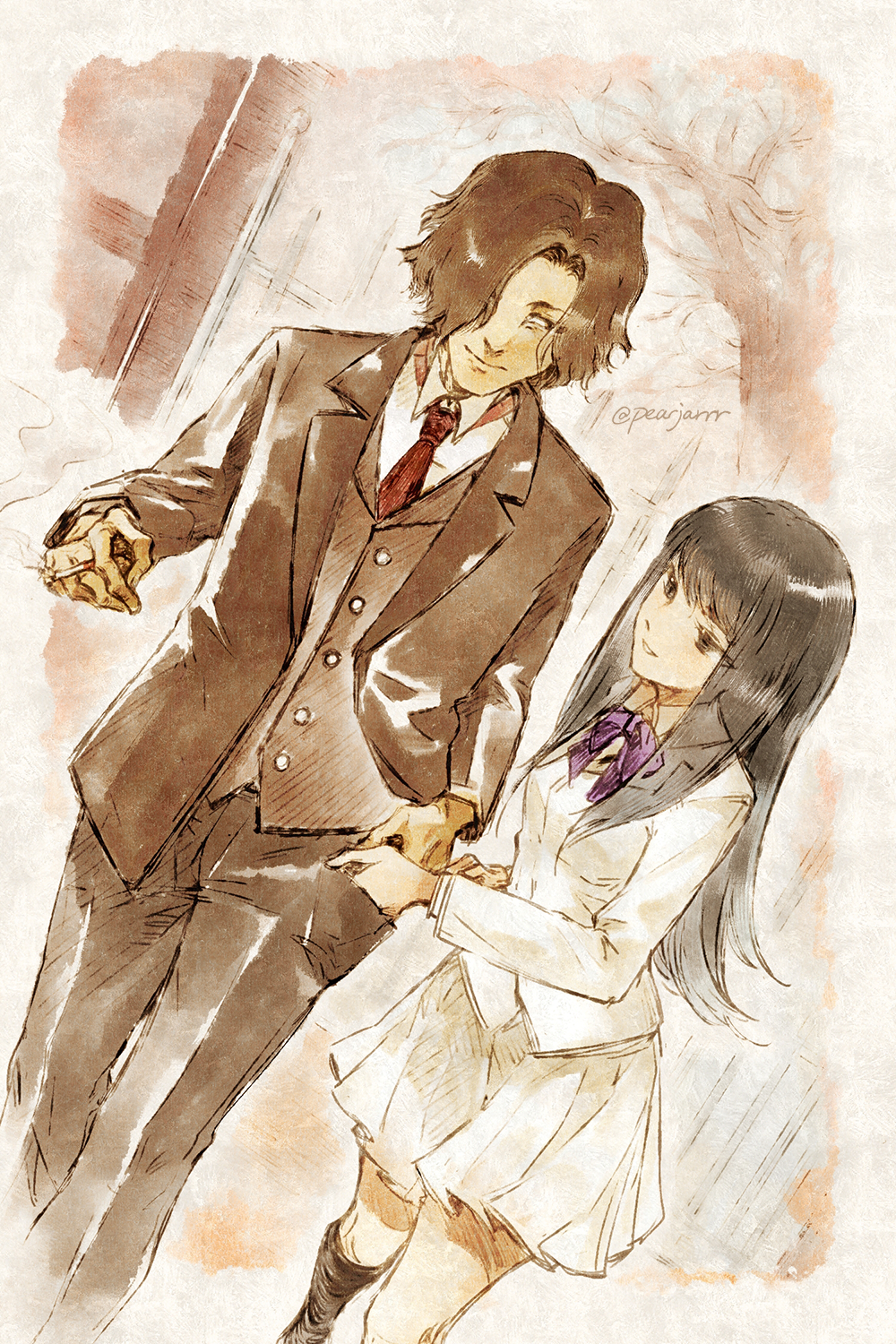 1boy 1girl black_eyes black_hair black_socks blue_neckerchief brown_eyes brown_hair cigarette formal_clothes hand_in_another&#039;s_pocket highres holding holding_cigarette jacket kara_no_shoujo kneehighs kuchiki_touko long_hair neckerchief necktie pants pearjarrr pleated_skirt school_uniform short_hair skirt smile smoke socks suit tokisaka_reiji tree vest walking watercolor_effect white_skirt