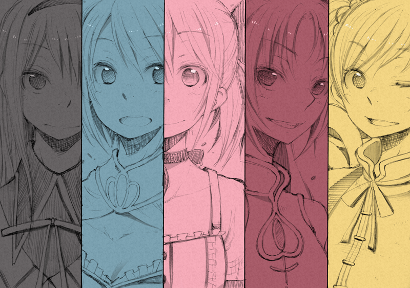 5girls akemi_homura akemi_homura_(magical_girl) column_lineup column_lineup_background kaname_madoka kaname_madoka_(magical_girl) looking_at_viewer magical_girl mahou_shoujo_madoka_magica medium_hair miki_sayaka miki_sayaka_(magical_girl) multiple_girls sakura_kyoko sakura_kyoko_(magical_girl) spot_color tomoe_mami tomoe_mami_(magical_girl) upper_body urei-hibino