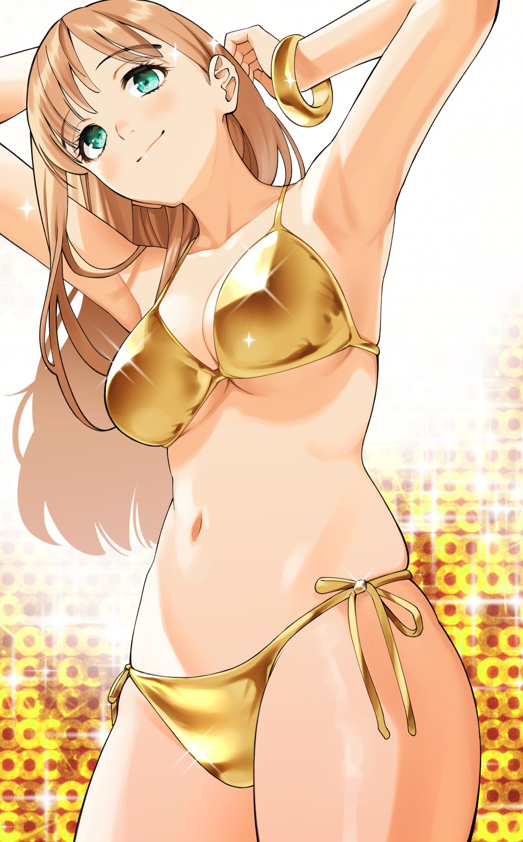 1girl armpits backlighting bikini blonde_hair blue_eyes blush bracelet breasts brown_hair cleavage closed_mouth collarbone commentary copyright_request cowboy_shot from_below golden_week_bikini gradient_background green_eyes highres jewelry medium_breasts nagashii_kouhei navel orange_hair patterned_background shiny_clothes side-tie_bikini_bottom smile solo sparkle sparkle_background swimsuit white_background yellow_bikini