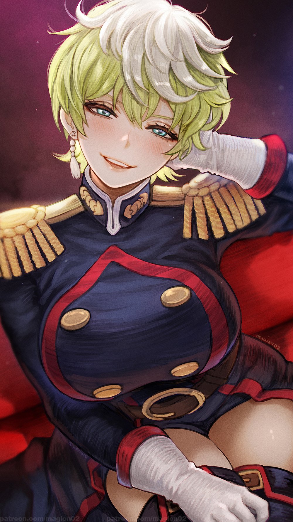 1girl anti-demon_corps_uniform belt black_jacket black_thighhighs blonde_hair blue_eyes breasts brown_belt buttons commentary couch double-breasted earrings epaulettes gloves grey_hair highres izumo_tenka jacket jewelry large_breasts looking_at_viewer magion02 mato_seihei_no_slave military_jacket military_uniform multicolored_hair on_couch short_hair simple_background single_earring sitting smile solo tassel tassel_earrings thighhighs two-tone_hair white_gloves