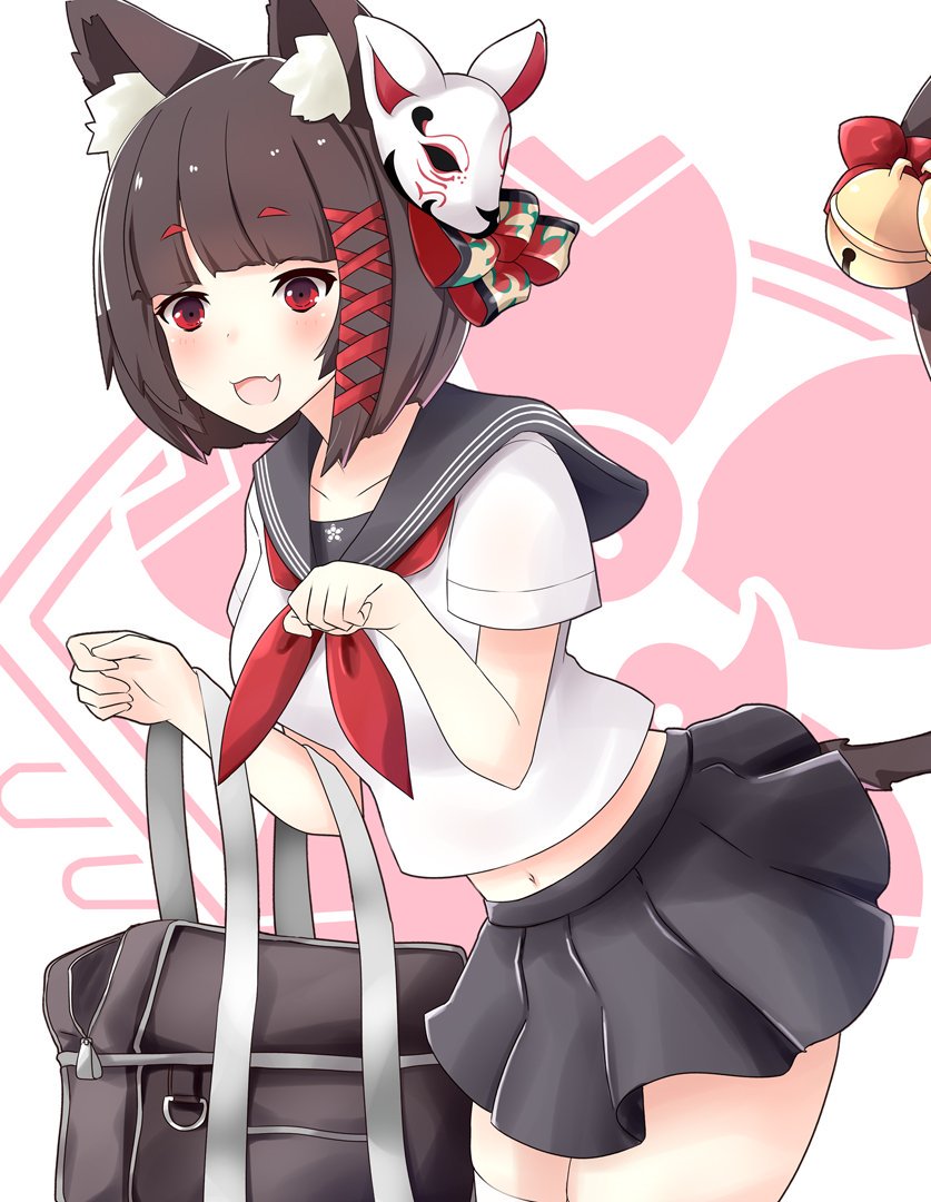 1girl animal_ear_fluff animal_ears azur_lane bag bell black_hair black_skirt bow breasts cat_ears cat_girl cat_tail collarbone commentary_request cowboy_shot fang female_focus fox_mask gudon_(iukhzl) hair_ribbon jingle_bell leaning_forward looking_at_viewer mask mask_on_head medium_breasts midriff miniskirt mouth_hold navel neckerchief pleated_skirt ribbon sailor_collar school_bag school_uniform serafuku shirt shirt_overhang short_hair short_sleeves skirt solo standing tail tail_bow tail_ornament thighhighs white_shirt white_thighhighs yamashiro_(azur_lane) yamashiro_(street_corner_offensive!)_(azur_lane) zettai_ryouiki