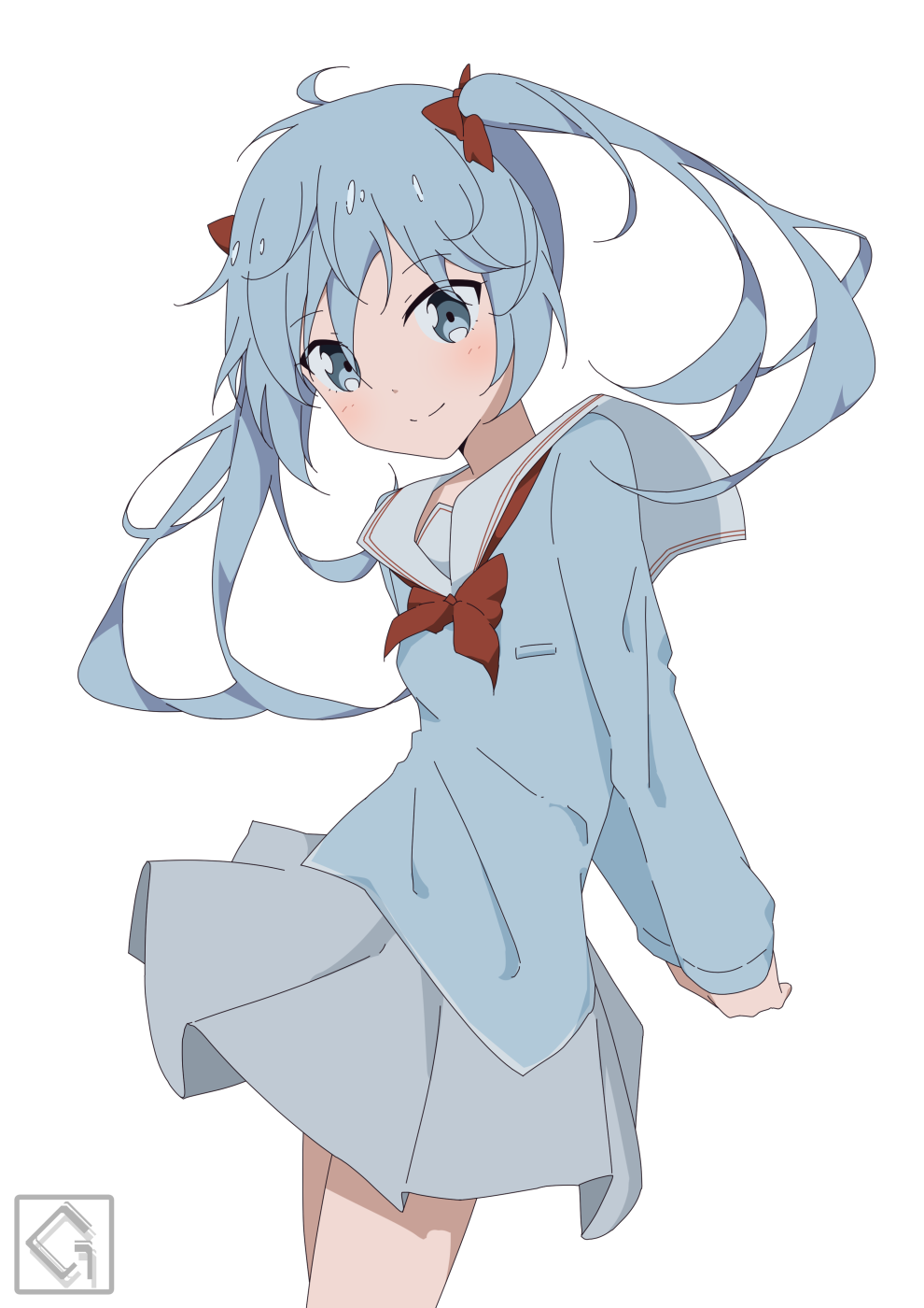 1girl arms_behind_back artist_logo blouse blue_eyes blue_hair blue_shirt collar collared_shirt commentary cowboy_shot giryu grey_skirt hair_ribbon hatsune_miku highres light_blue_hair light_blush logo long_hair looking_at_viewer miniskirt neck_ribbon pleated_skirt red_ribbon ribbon sailor_collar shirt skirt smile solo standing tokenai_natsu_(vocaloid) twintails vocaloid white_background white_collar