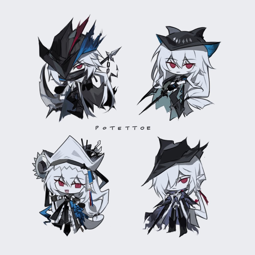1boy 3girls anchor arknights artist_name black_boots black_cape boots cape chibi dress expressionless gladiia_(arknights) hat holding holding_saw holding_sword holding_weapon long_hair multiple_girls potettoe red_eyes serious short_hair_with_long_locks simple_background skadi_(arknights) smile specter_(arknights) specter_the_unchained_(arknights) sword ulpianus_(arknights) very_long_hair weapon white_background white_hair