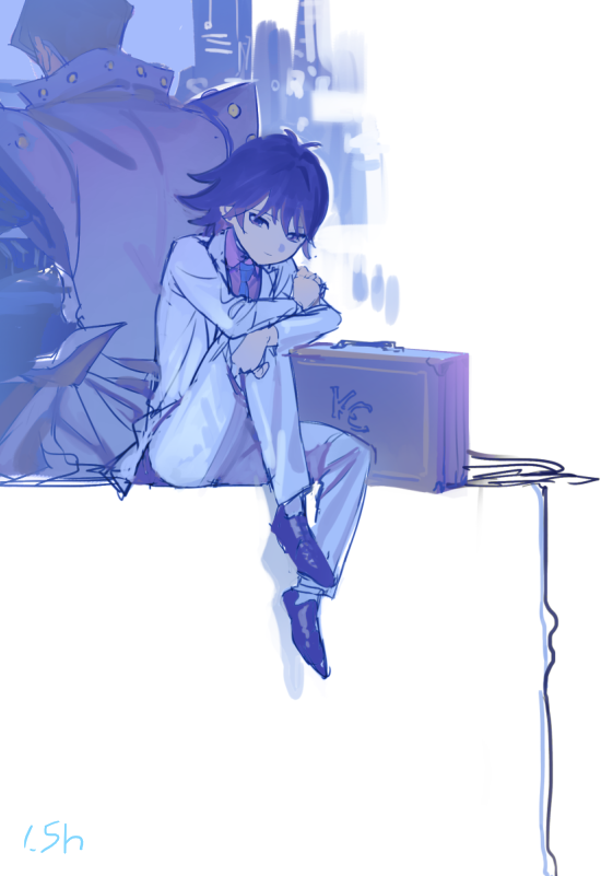 2boys black_hair blue_necktie brothers formal_clothes jacket kaiba_mokuba kaiba_seto male_focus medium_hair moemoenomori multiple_boys necktie pants pink_shirt shirt siblings sitting sketch suit suitcase white_jacket white_pants white_suit yu-gi-oh! yu-gi-oh!_the_dark_side_of_dimensions