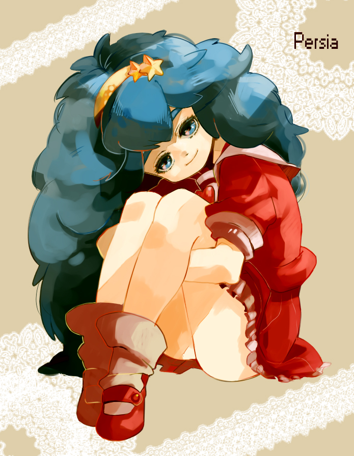 1girl big_hair blue_eyes blue_hair brown_background character_name female_focus frills full_body hairband hayami_persia head_tilt hugging_own_legs lace lace_background legs long_hair looking_at_viewer loose_socks mahou_no_yousei_persia mary_janes matching_hair/eyes miniskirt persia persia_(mahou_no_yousei_persia) petticoat school_uniform serafuku shirt shiyouma shoes simple_background sitting skirt sleeves_rolled_up smile socks solo star_(symbol) very_long_hair