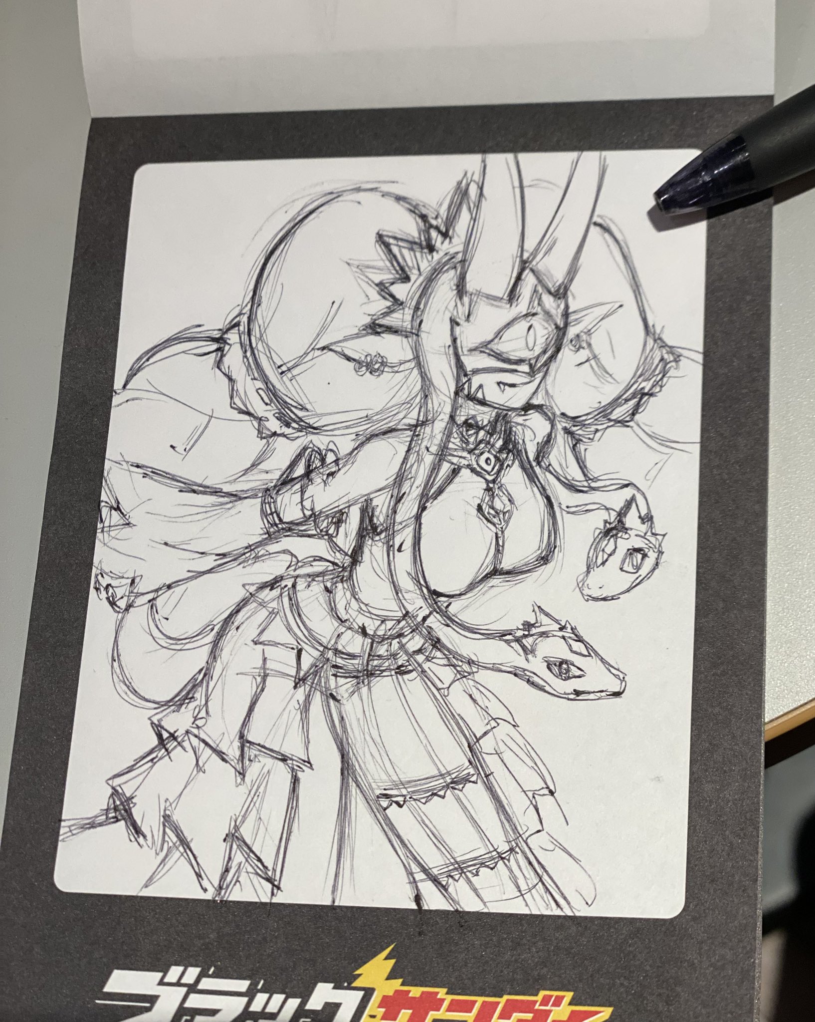breasts crown digimon digimon_(creature) earrings fang highres jewelry mas_square mask medusamon pointy_ears sketch smile snake snake_hair traditional_media