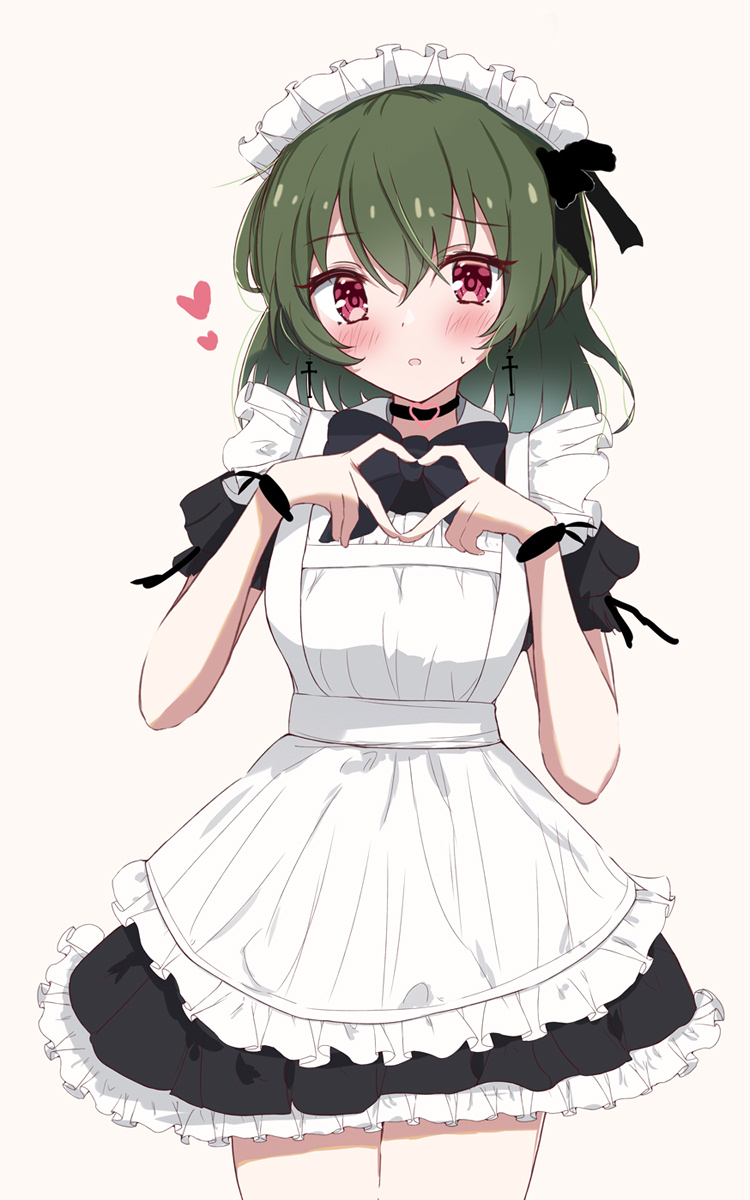 1girl alternate_costume apron black_bow black_bowtie black_choker black_dress blush bow bowtie callretortyagiza choker commentary_request cross cross_earrings dress earrings enmaided four-finger_heart_hands frilled_apron frills green_hair heart heart_choker heart_hands highres idolmaster idolmaster_million_live! jewelry looking_at_viewer maid maid_apron maid_headdress nagayoshi_subaru petticoat puffy_short_sleeves puffy_sleeves red_eyes short_sleeves simple_background solo white_apron