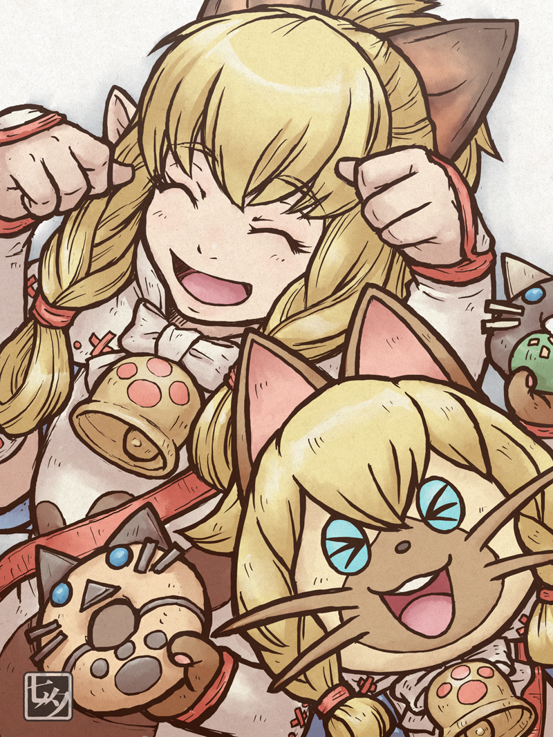 1girl :d ^_^ bell blinking_inside_eyes blonde_hair bow capelet cat closed_eyes donut eyelashes felyne food hands_up long_hair meowstress monster_hunter_(series) monster_hunter_stories monster_hunter_x navirou_(monster_hunter) neck_bell open_mouth paw_pose pointy_ears smile tanabanata white_bow white_capelet