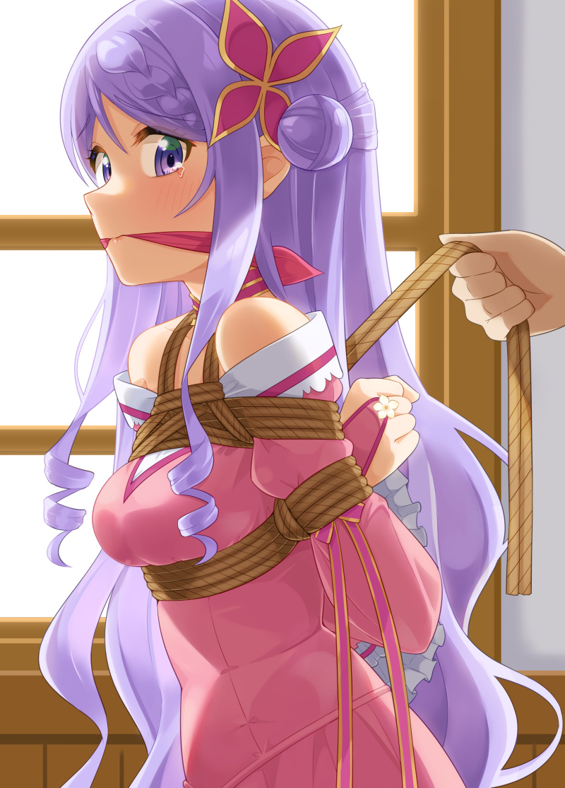 1girl 1other arms_behind_back bare_shoulders bdsm bondage bound cleave_gag clenched_hand cloth_gag female_focus flora_beltrum gag gagged holding holding_rope improvised_gag indoors mukanata off_shoulder outside_border purple_eyes purple_hair restrained rope seirei_gensouki shibari shibari_over_clothes solo_focus tearing_up