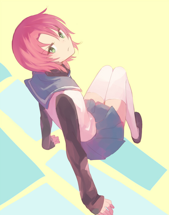 00s 1girl annoyed black_shoes blue_skirt female_focus from_above full_body green_eyes long_sleeves looking_at_viewer my-hime red_hair school_uniform serafuku shoes short_hair simple_background sitting skirt sleeves_past_wrists solo sou_(tuhut) thighhighs very_short_hair white_thighhighs yellow_background yuuki_nao zettai_ryouiki