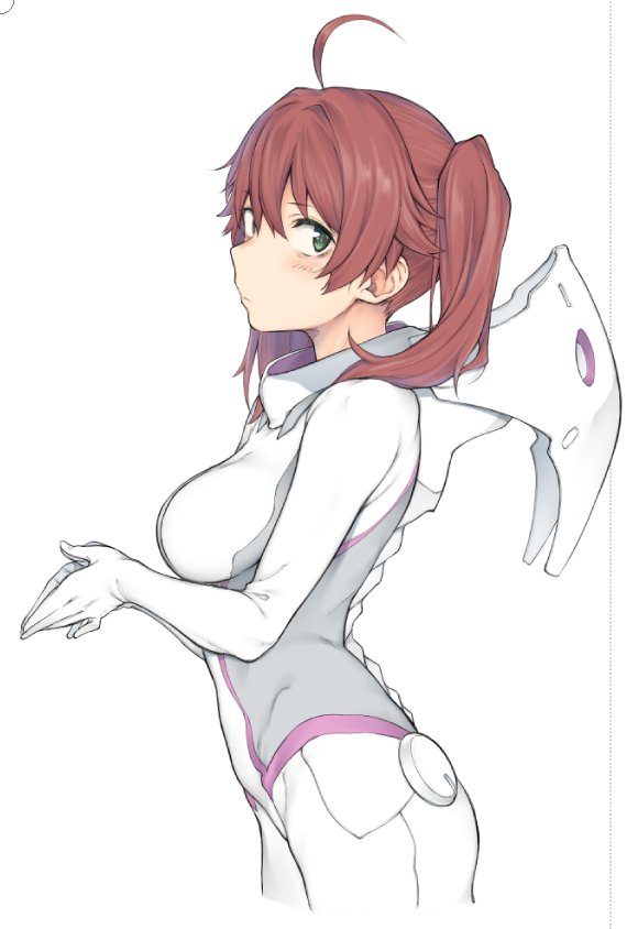 1girl ahoge blush bodysuit breasts darling_in_the_franxx green_eyes looking_at_viewer mecha_pilot_suit medium_breasts medium_hair miku_(darling_in_the_franxx) own_hands_together parasite_suit_(darling_in_the_franxx) red_hair simple_background solo spirytus_tarou twintails white_background white_bodysuit