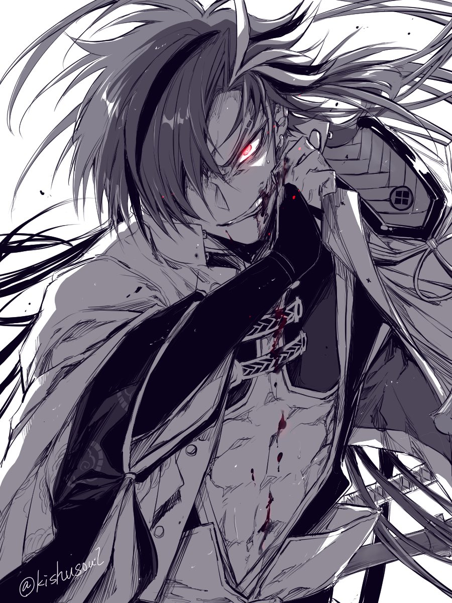 1boy blood blood_from_mouth earrings fate/grand_order fate_(series) glowing glowing_eye hair_over_one_eye highres jewelry katana kishusoul long_hair male_focus monochrome red_eyes spot_color sword takasugi_shinsaku_(fate) twitter_username weapon wiping_blood