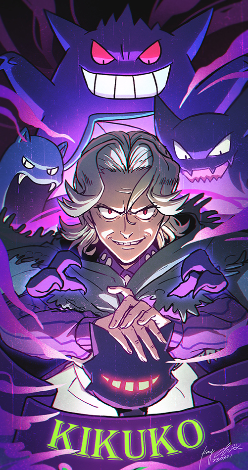 1girl agatha_(pokemon) apron blonde_hair cane character_name collared_dress commentary_request dress gen_1_pokemon gengar golbat grin haunter holding holding_cane kaychen long_sleeves looking_at_viewer medium_hair nintendo pokemon pokemon_(creature) pokemon_lgpe purple_dress red_eyes ribbed_dress signature smile teeth waist_apron white_apron