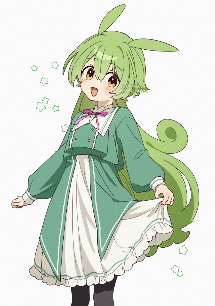 1girl :d animal_ears black_pantyhose corn_kuten dot_nose dress feet_out_of_frame frilled_dress frills green_hair green_jacket head_tilt jacket long_hair long_sleeves looking_at_viewer neck_ribbon ojou-sama_zundamon open_mouth orange_eyes pantyhose pink_ribbon pleated_dress rabbit_ears rabbit_girl ribbon sidelocks skirt_hold smile solo twitter_username voicevox white_dress zundamon