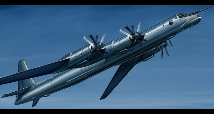 aircraft airplane black_border bomber border flying kcme military military_vehicle no_humans original propeller sky soviet_air_force tu-95 vehicle_focus
