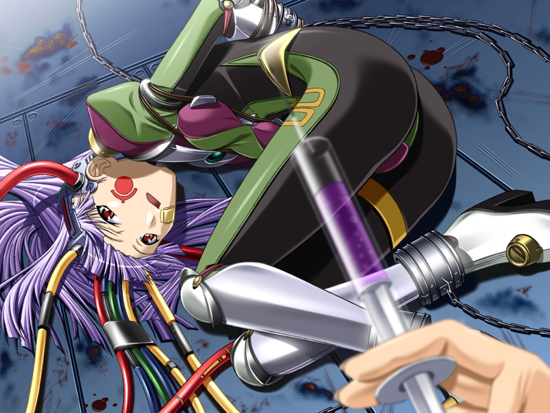 1girl arms_behind_back basia_yykroon bdsm blunt_bangs bodysuit bondage bound bound_wrists chain chained clockup cuffs drugs eclipse_-zettai_reido_keikaku_soushitsu_shoujo- facial_mark fetal_position helmet long_hair looking_at_viewer lying on_ground on_side open_mouth parted_lips pov pov_hands purple_hair red_eyes rope syringe wires