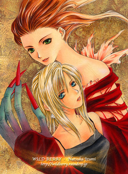 2girls artist_name aya_brea bad_id black_tank_top blonde_hair blue_eyes brown_background brown_hair claws commentary_request dress eve_(parasite_eve) expressionless green_eyes hair_slicked_back izumi_natsuka light_smile monster_girl multiple_girls off-shoulder_dress off_shoulder parasite_eve_(series) parasite_eve_i parted_lips red_dress red_nails tank_top torn_clothes torn_dress traditional_media upper_body