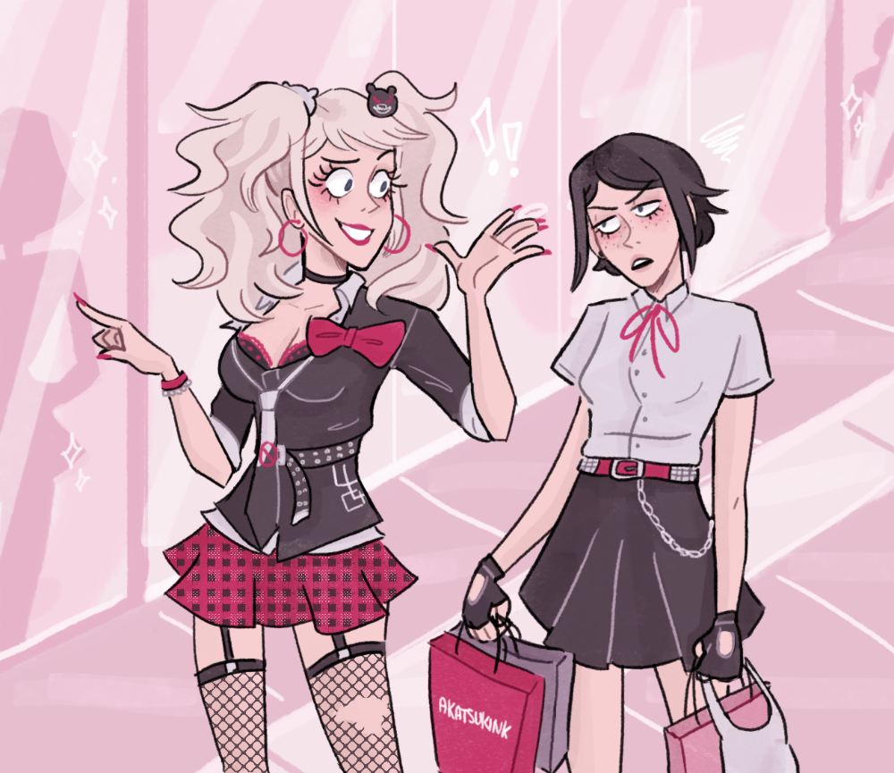 2girls bag bear_hair_ornament belt black_collar black_hair black_lips black_necktie black_shirt black_skirt blonde_hair blush bow bowtie bra breasts cleavage collar collarbone collared_shirt danganronpa:_trigger_happy_havoc danganronpa_(series) earrings enoshima_junko eyelashes fingerless_gloves fingernails fishnet_thighhighs fishnets freckles frown gloves hair_ornament hoop_earrings ikusaba_mukuro jewelry looking_at_another mall multicolored_necktie multiple_girls nail_polish neck_ribbon necktie nose open_mouth palms pink_background plaid_clothes plaid_skirt pleated_skirt red_belt red_bow red_lips red_nails red_ribbon red_skirt ribbon shirt shopping shopping_bag short_sleeves siblings sisters skirt sleeves_rolled_up smile standing star_(symbol) teeth thighhighs torn_fishnets twins underwear wallet_chain window wristband