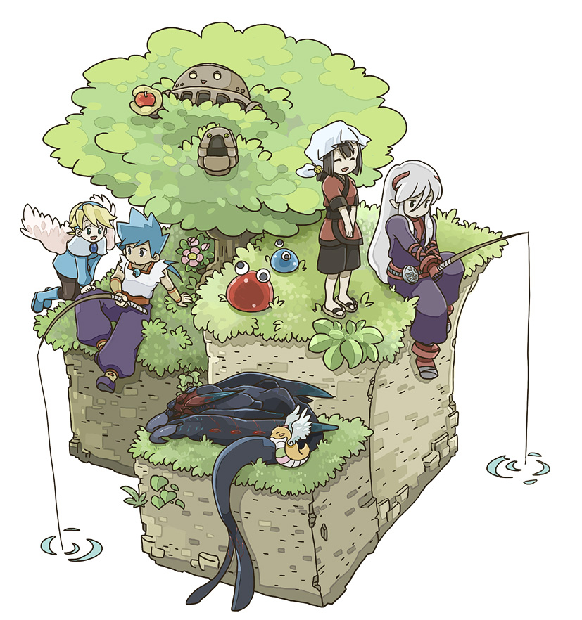 2boys 2girls apple bandana belt black_hair blonde_hair blue_hair breath_of_fire breath_of_fire_iv buckle bush dragon ershin feathered_wings fishing fishing_rod flower food fou-lu fruit gloves grass horns ikeyama_ikeko mami_(breath_of_fire) multiple_boys multiple_girls nina_(breath_of_fire_iv) on_grass ryu_(breath_of_fire_iv) sandals sleeping tree wings