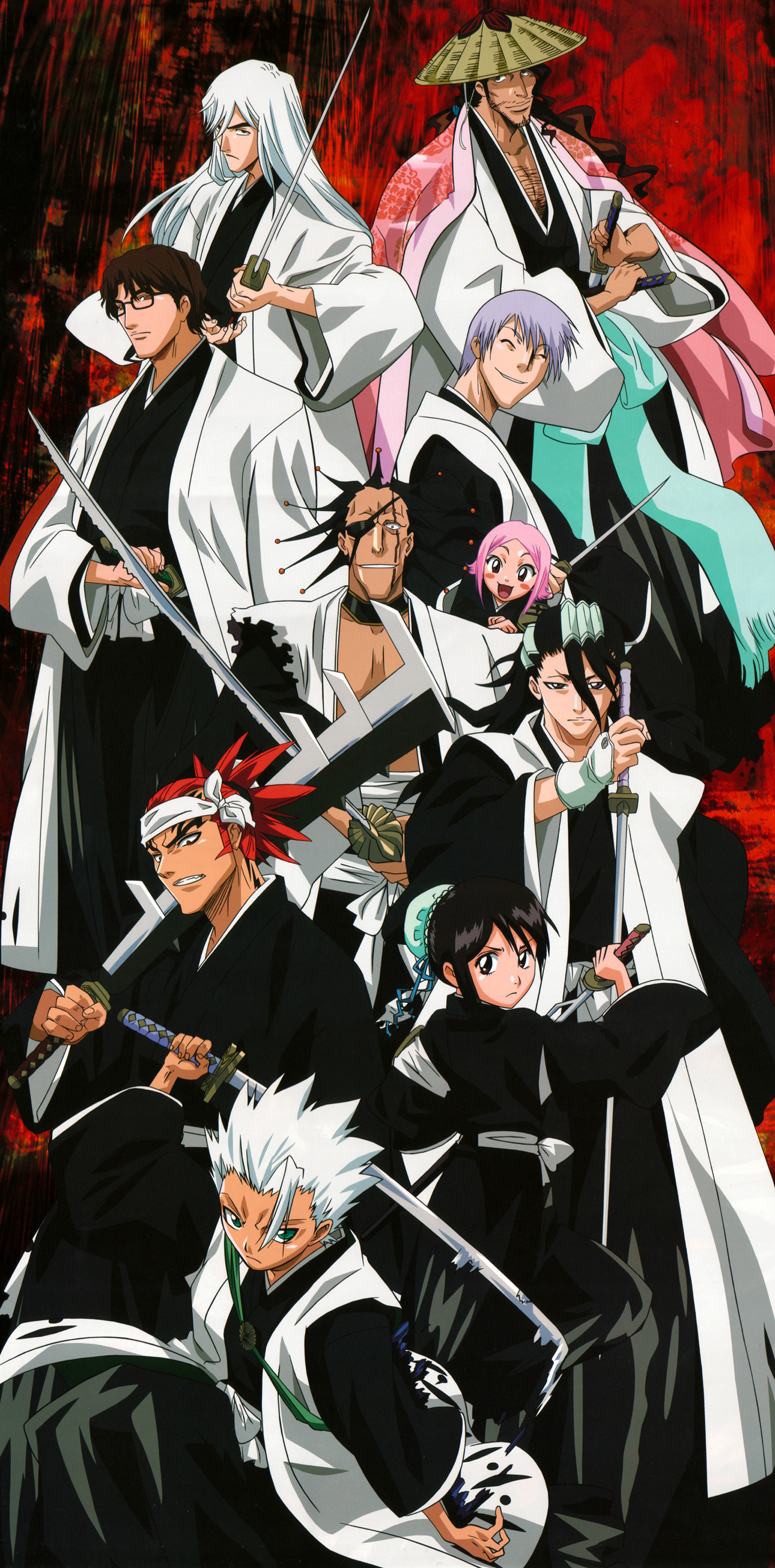 00s 2girls 6+boys abarai_renji absurdres aizen_sousuke beard black_hair black_hakama bleach blue_eyes blue_hair braid brown_eyes brown_hair chest_hair cleaned closed_eyes cornrows crossed_arms everyone eyepatch facepaint facial_hair fingerless_gloves floral_print front_braid frown glasses gloves green_eyes grey_eyes grin hair_ornament hakama haori hat helmet highres hinamori_momo hitsugaya_toushirou holding holding_sword holding_weapon ichimaru_gin japanese_clothes katana kuchiki_byakuya kusajishi_yachiru kyouraku_shunsui long_beard long_hair looking_at_viewer mask multiple_boys multiple_girls official_art pink_hair red_hair scan scar scarf serious short_hair short_hair_with_long_locks simple_background single_braid smile spiked_hair straw_hat stubble sunglasses sword taichou_haori torn_clothes ukitake_juushirou wavy_hair weapon white_hair yellow_eyes zanpakutou zaraki_kenpachi