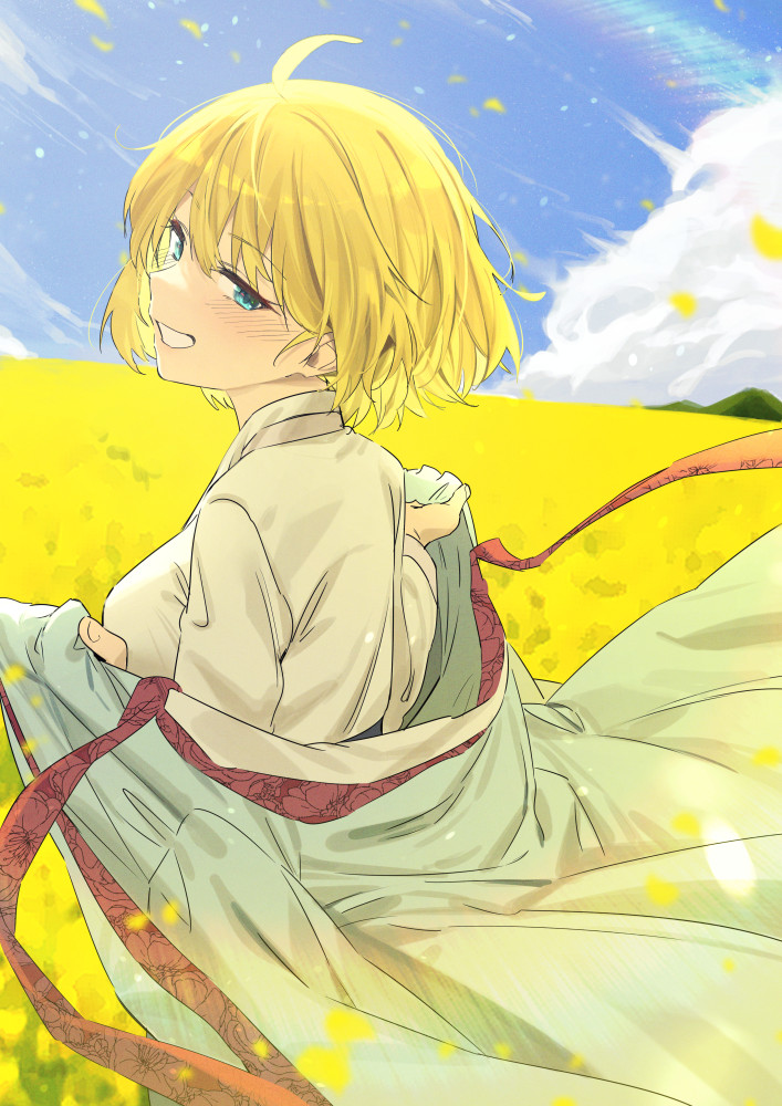 1girl ahoge alternate_costume blonde_hair blue_eyes blue_sky blush breasts cloud day field flower flower_field griffon_(last_origin) hair_between_eyes holding ichihyaku_nanajuu korean_clothes korean_commentary last_origin long_sleeves looking_at_viewer outdoors petals shirt short_hair sky smile solo upper_body white_shirt yellow_flower