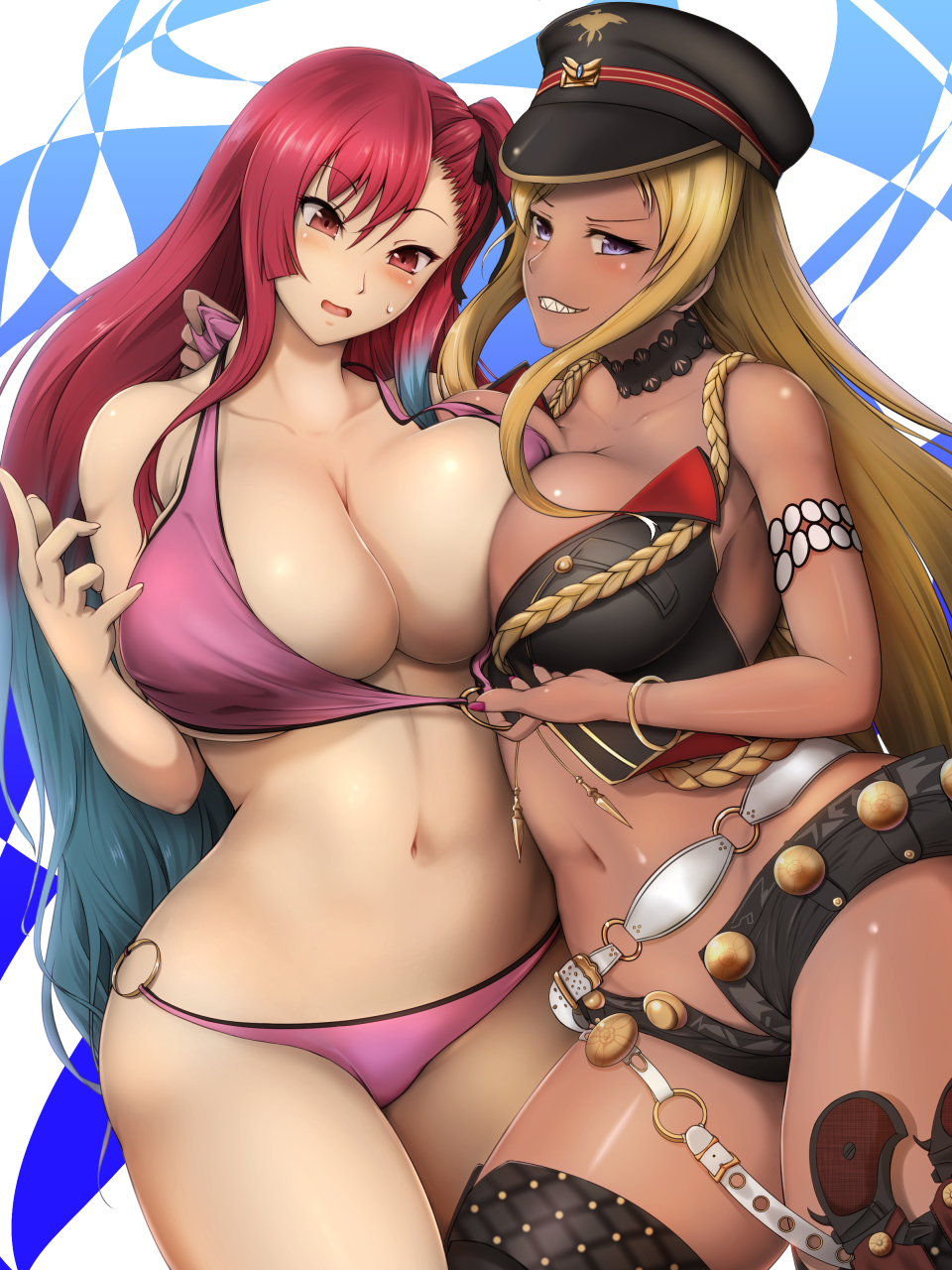 &gt;:) 2girls asymmetrical_docking bikini black_legwear blonde_hair blue_hair blush bol_(liliymimi) bracelet breast_press breasts choker cleavage cowboy_shot curvy dark_skin dark-skinned_female gradient_hair grin hat highres jewelry large_breasts long_hair looking_at_viewer lydia_agute multicolored_hair multiple_girls navel o-ring o-ring_bikini one_side_up parted_lips peaked_cap pink_bikini purple_eyes red_eyes red_hair riela_marcellis senjou_no_valkyria_(series) senjou_no_valkyria_3 sharp_teeth short_shorts shorts sidelocks smile stomach swimsuit teeth thighhighs two-tone_hair v-shaped_eyebrows very_long_hair