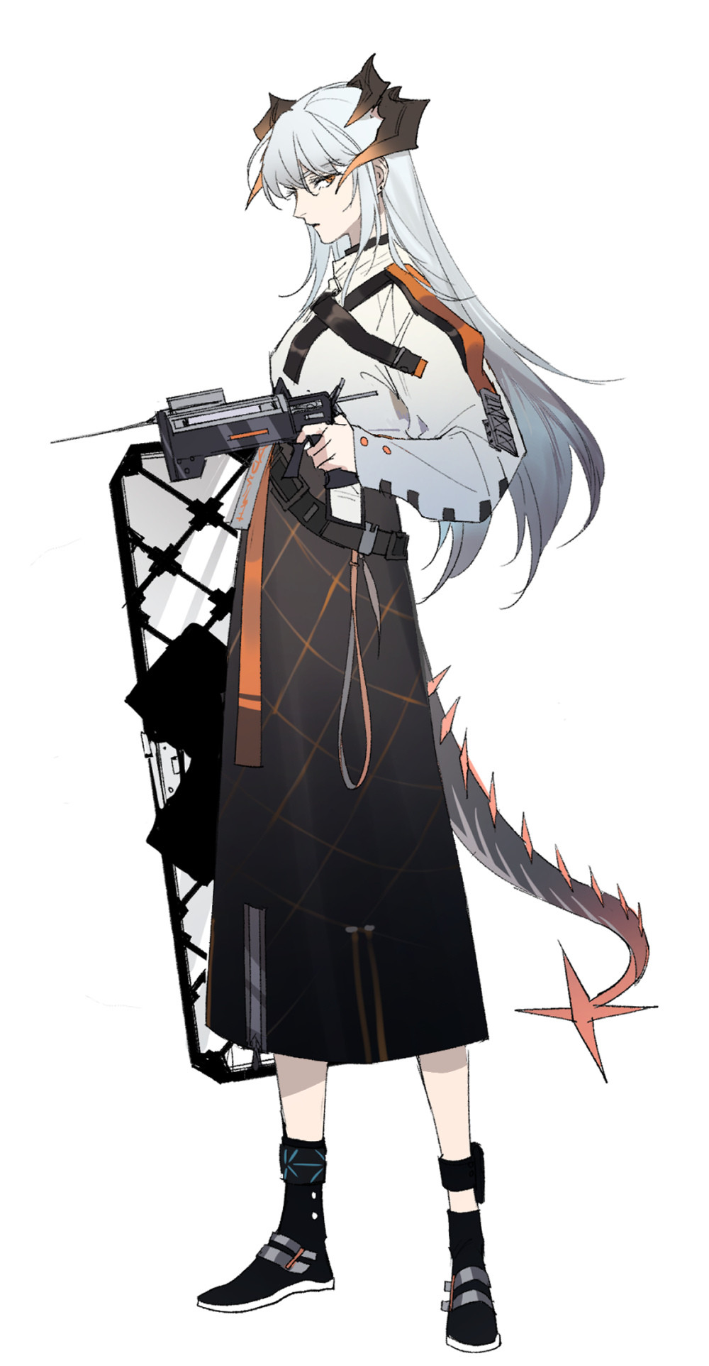 1girl anklet arknights belt black_boots black_skirt boots chinese_commentary commentary_request dragon_horns dragon_tail full_body high-waist_skirt highres holding holding_shield holding_weapon horns infection_monitor_(arknights) jewelry long_hair long_sleeves looking_at_viewer orange_eyes profile saria_(arknights) shield shirt sideways_glance silver_hair simple_background skirt solo standing syringe_gun tail weapon white_background white_shirt xiandao1213