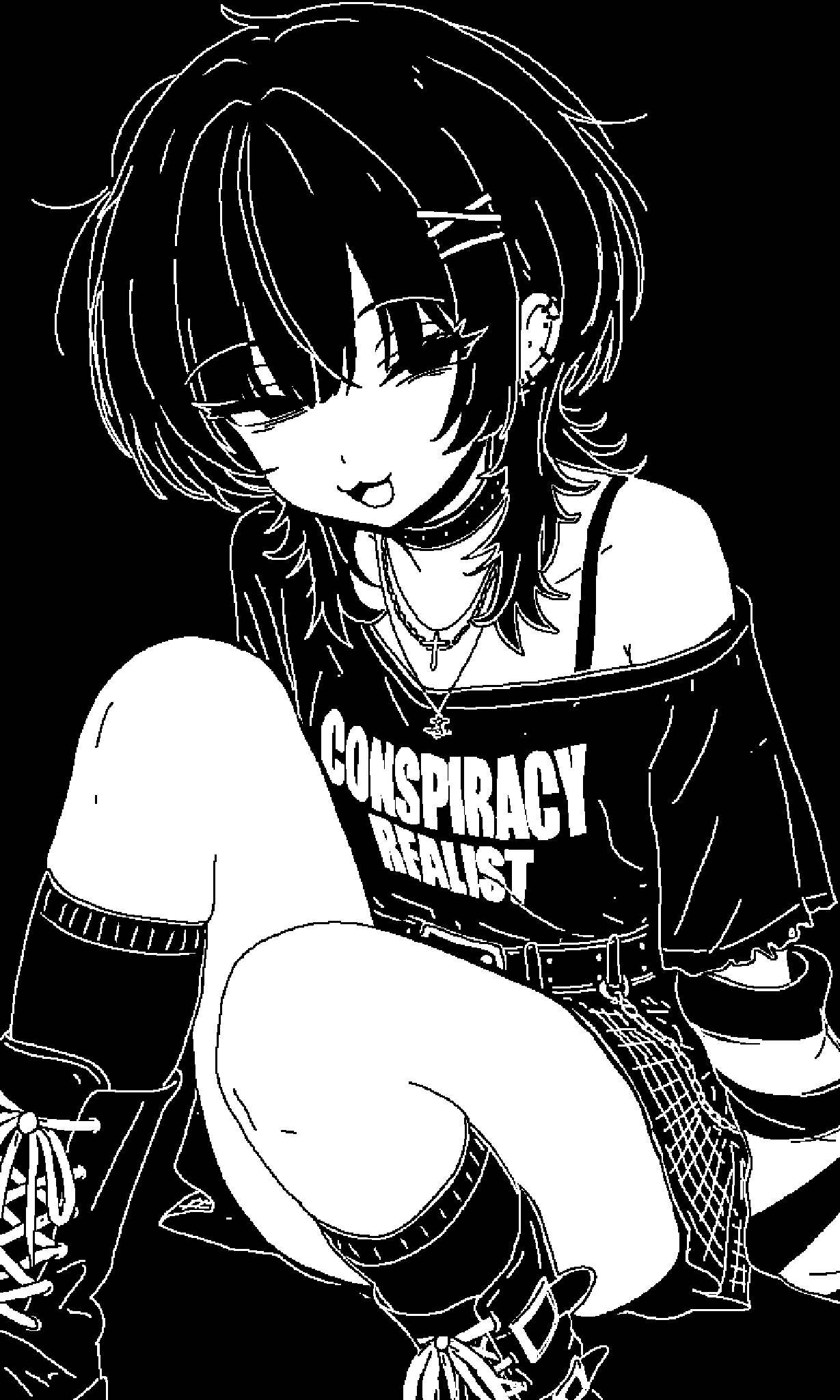 1girl ankle_socks armpit_crease belt belt_buckle black_background black_shirt boots bra_strap buckle chain choker clothes_writing cross cross_necklace ear_piercing earrings eyelashes greyscale hair_between_eyes hair_ornament highres jewelry laces looking_at_viewer medium_hair monochrome necklace open_mouth original piercing puriririririri shirt simple_background single_bare_shoulder single_off_shoulder sitting skirt smile smug socks solo wolf_cut